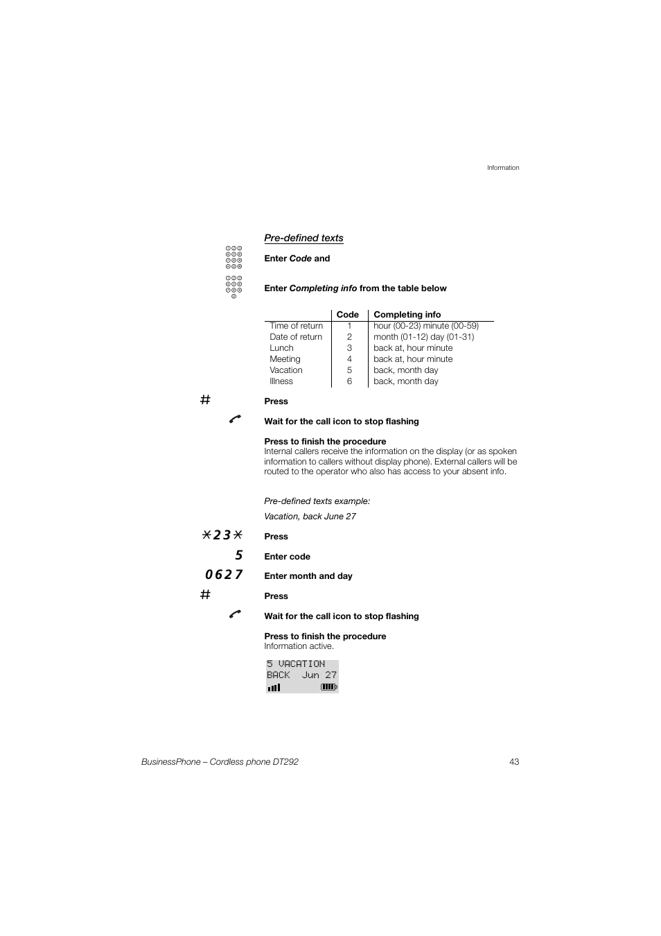 Pre-defined texts | AASTRA DT292 for BusinessPhone User Guide EN User Manual | Page 43 / 121