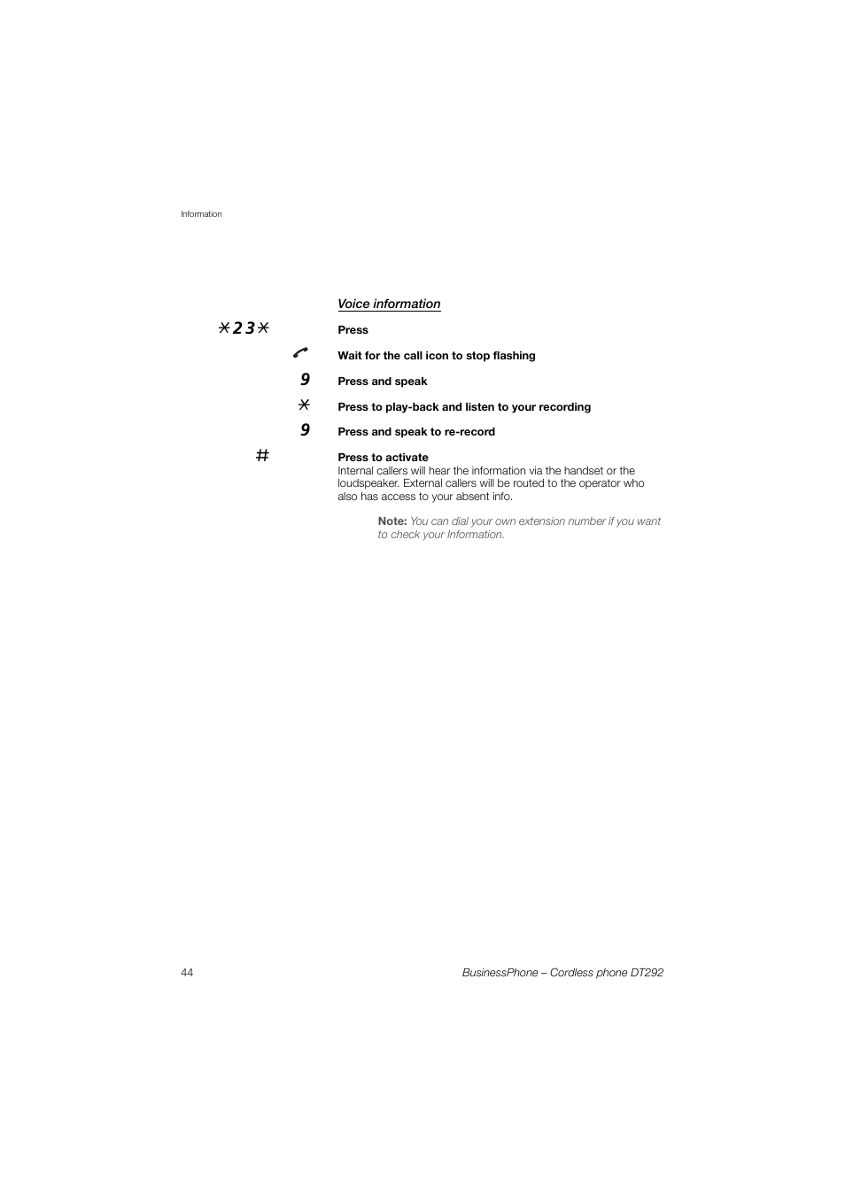 Voice information | AASTRA DT292 for BusinessPhone User Guide EN User Manual | Page 44 / 121