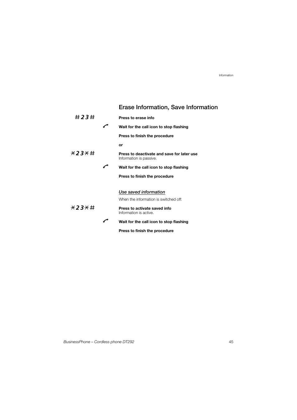 Erase information, save information, Use saved information | AASTRA DT292 for BusinessPhone User Guide EN User Manual | Page 45 / 121