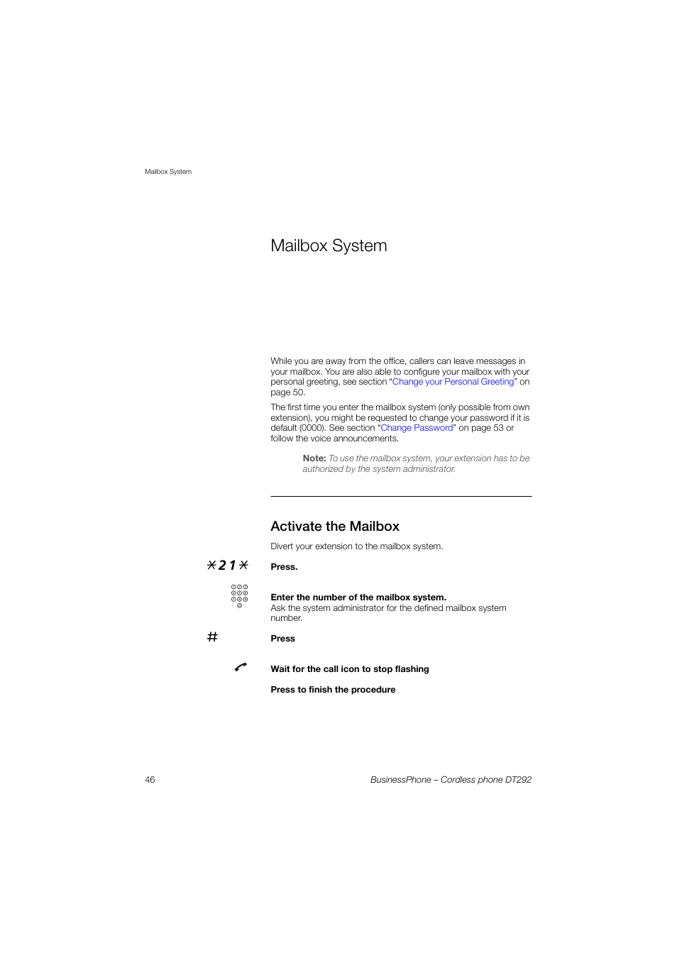 Mailbox system, Activate the mailbox | AASTRA DT292 for BusinessPhone User Guide EN User Manual | Page 46 / 121