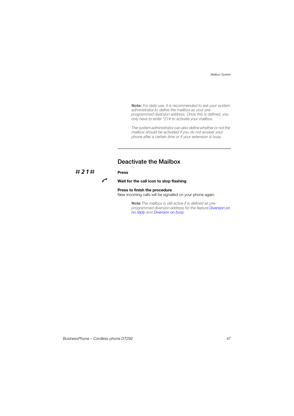 Deactivate the mailbox | AASTRA DT292 for BusinessPhone User Guide EN User Manual | Page 47 / 121