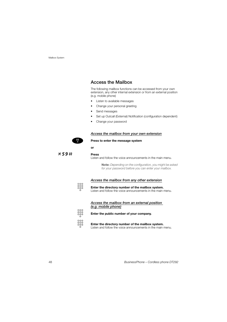 Access the mailbox, Access the mailbox from your own extension, Access the mailbox from any other extension | AASTRA DT292 for BusinessPhone User Guide EN User Manual | Page 48 / 121