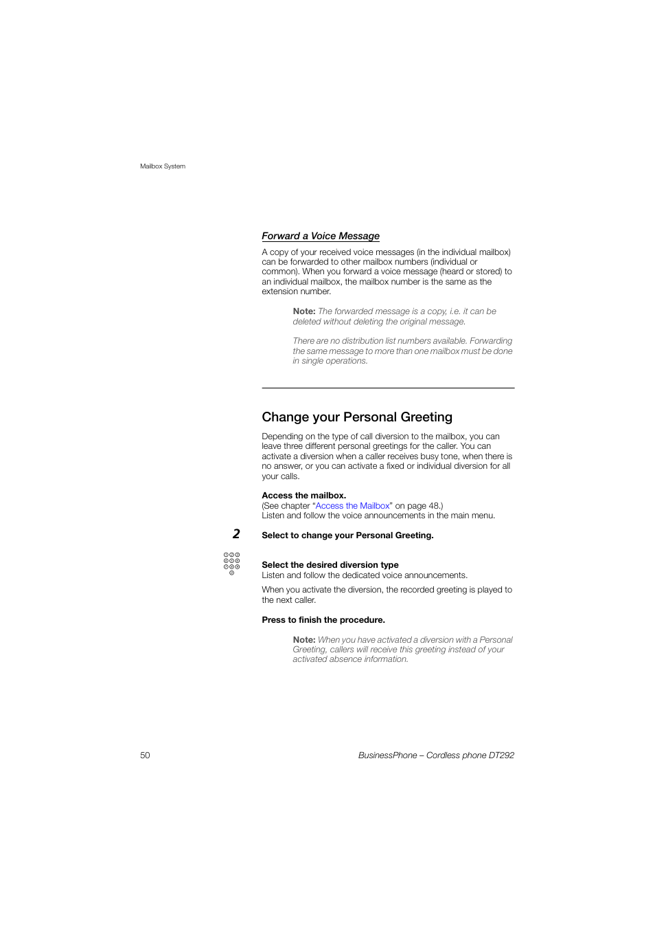 Forward a voice message, Change your personal greeting, Ction | AASTRA DT292 for BusinessPhone User Guide EN User Manual | Page 50 / 121