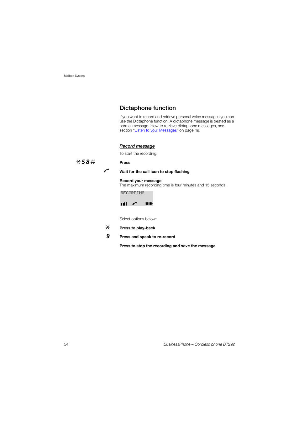 Dictaphone function, Record message | AASTRA DT292 for BusinessPhone User Guide EN User Manual | Page 54 / 121