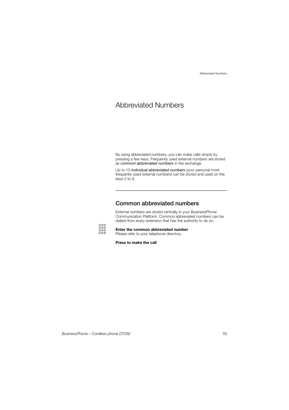 Abbreviated numbers, Common abbreviated numbers, Abbreviated | Numbers | AASTRA DT292 for BusinessPhone User Guide EN User Manual | Page 55 / 121