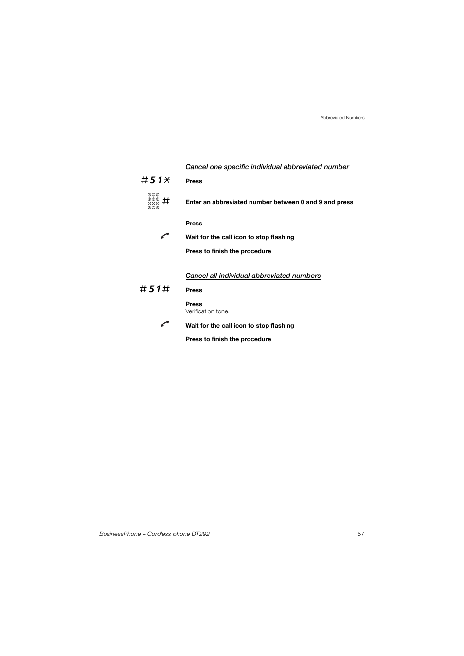 Cancel one specific individual abbreviated number, Cancel all individual abbreviated numbers | AASTRA DT292 for BusinessPhone User Guide EN User Manual | Page 57 / 121