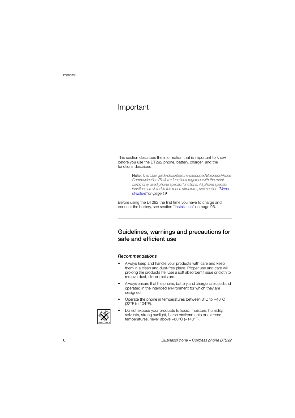Important, Recommendations | AASTRA DT292 for BusinessPhone User Guide EN User Manual | Page 6 / 121