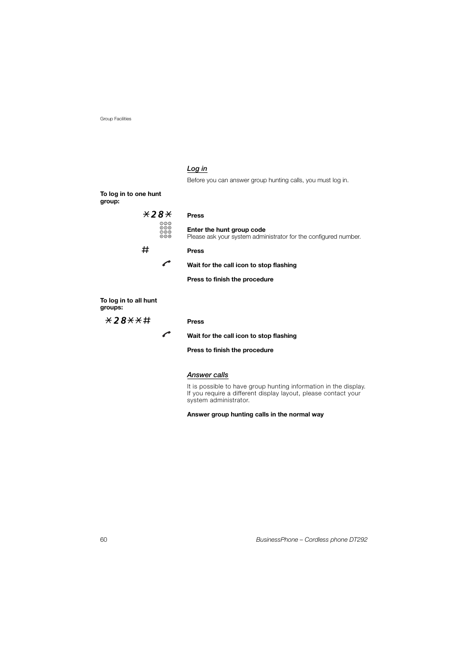 Log in, Answer calls | AASTRA DT292 for BusinessPhone User Guide EN User Manual | Page 60 / 121