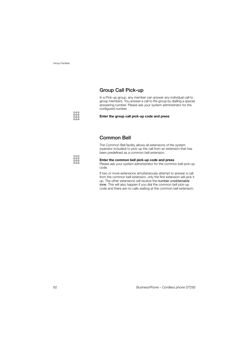 Group call pick-up, Common bell | AASTRA DT292 for BusinessPhone User Guide EN User Manual | Page 62 / 121