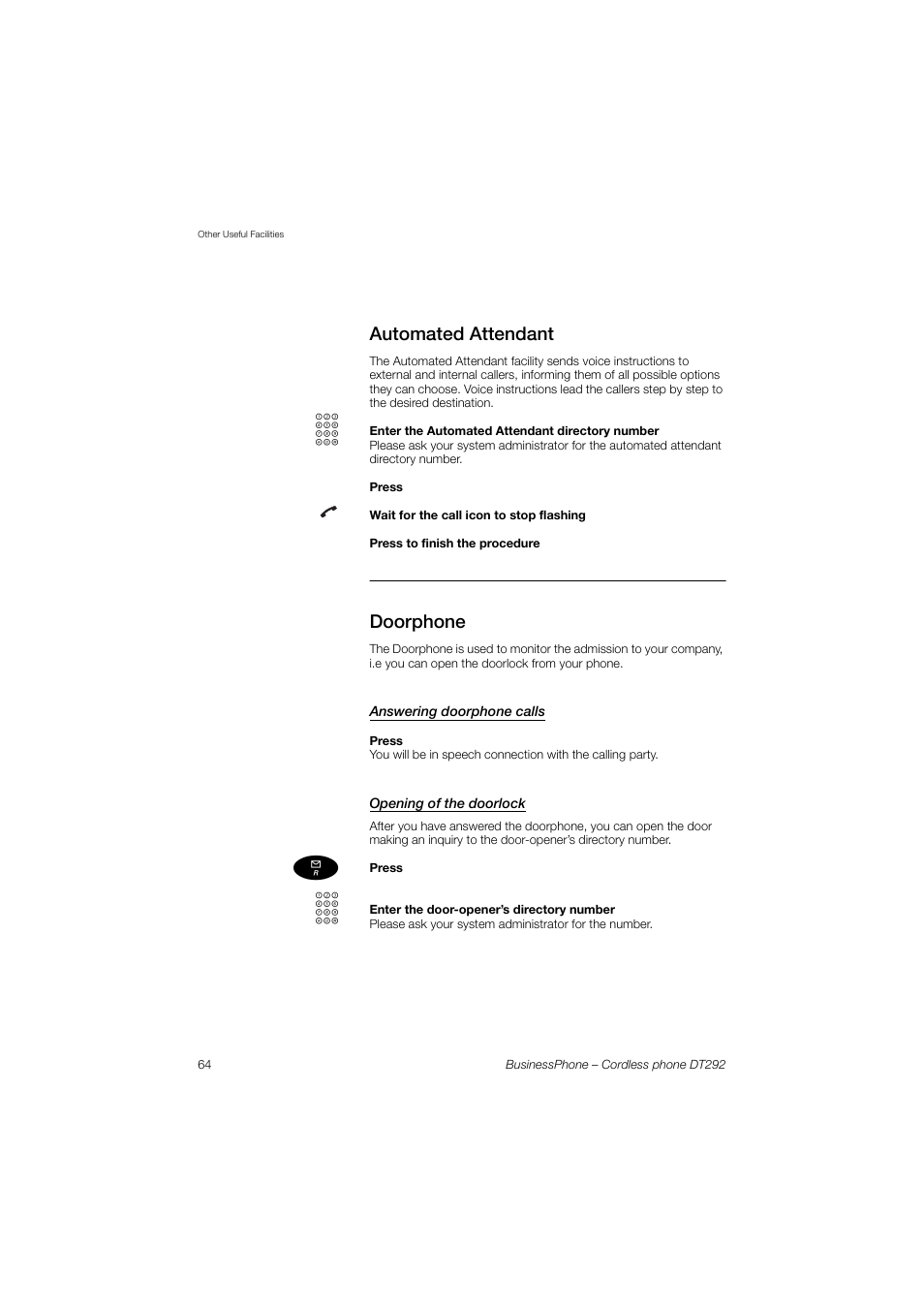 Automated attendant, Doorphone, Answering doorphone calls | Opening of the doorlock | AASTRA DT292 for BusinessPhone User Guide EN User Manual | Page 64 / 121