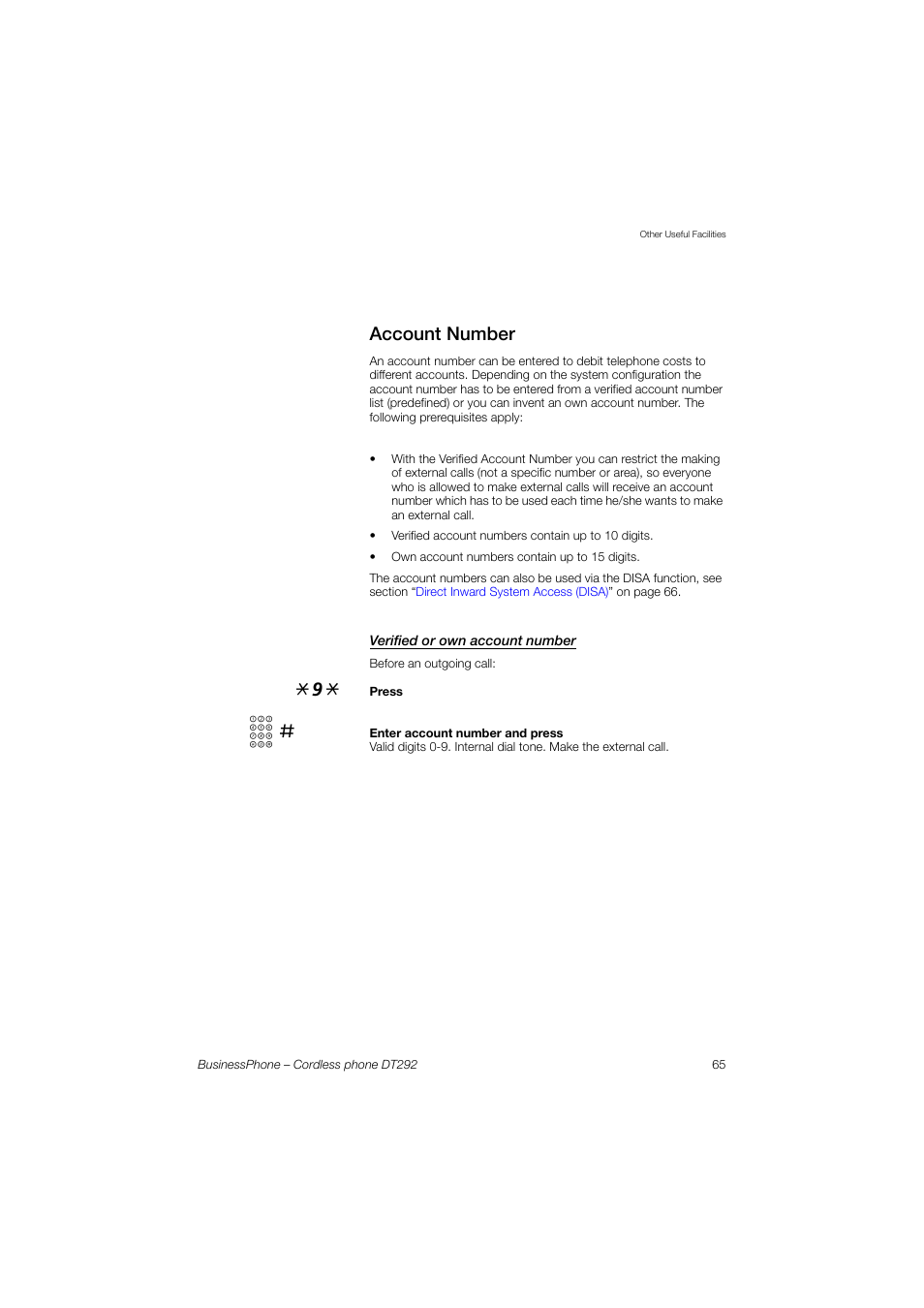 Account number, Verified or own account number | AASTRA DT292 for BusinessPhone User Guide EN User Manual | Page 65 / 121