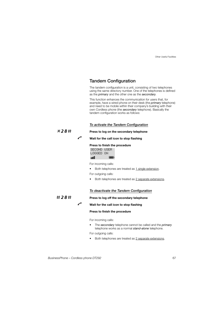 Tandem configuration, To activate the tandem configuration, To deactivate the tandem configuration | AASTRA DT292 for BusinessPhone User Guide EN User Manual | Page 67 / 121