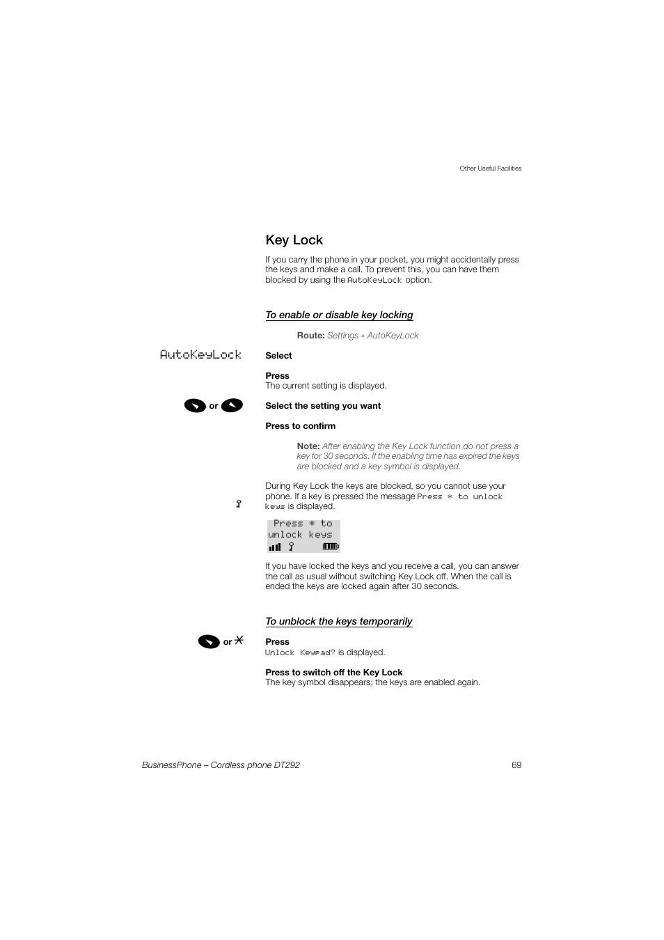Key lock, To enable or disable key locking, To unblock the keys temporarily | AASTRA DT292 for BusinessPhone User Guide EN User Manual | Page 69 / 121