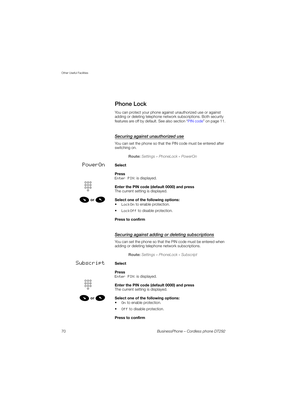Phone lock, Securing against unauthorized use, Securing against adding or deleting subscriptions | AASTRA DT292 for BusinessPhone User Guide EN User Manual | Page 70 / 121