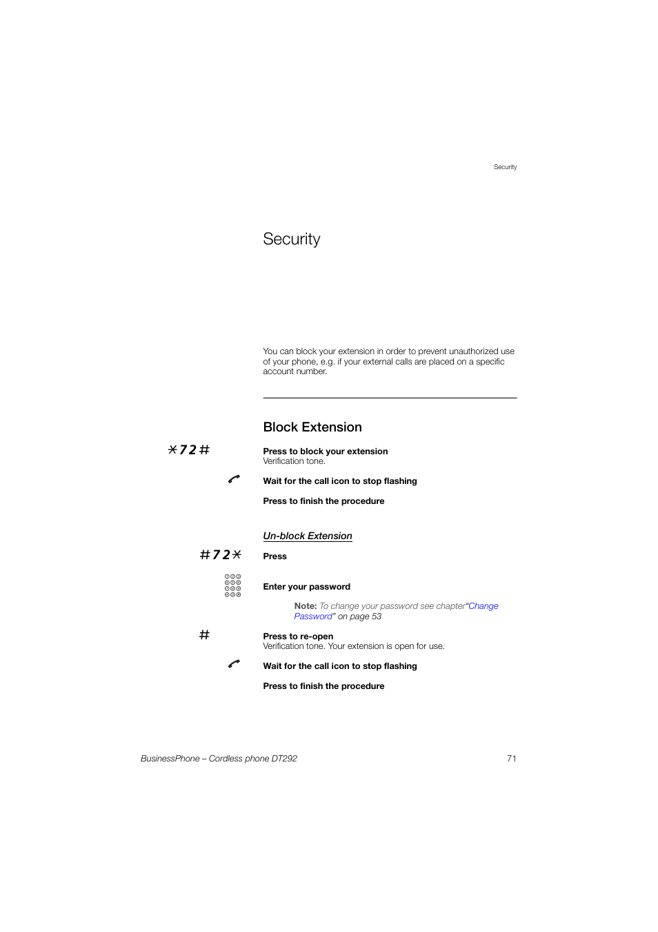 Security, Block extension, Un-block extension | AASTRA DT292 for BusinessPhone User Guide EN User Manual | Page 71 / 121