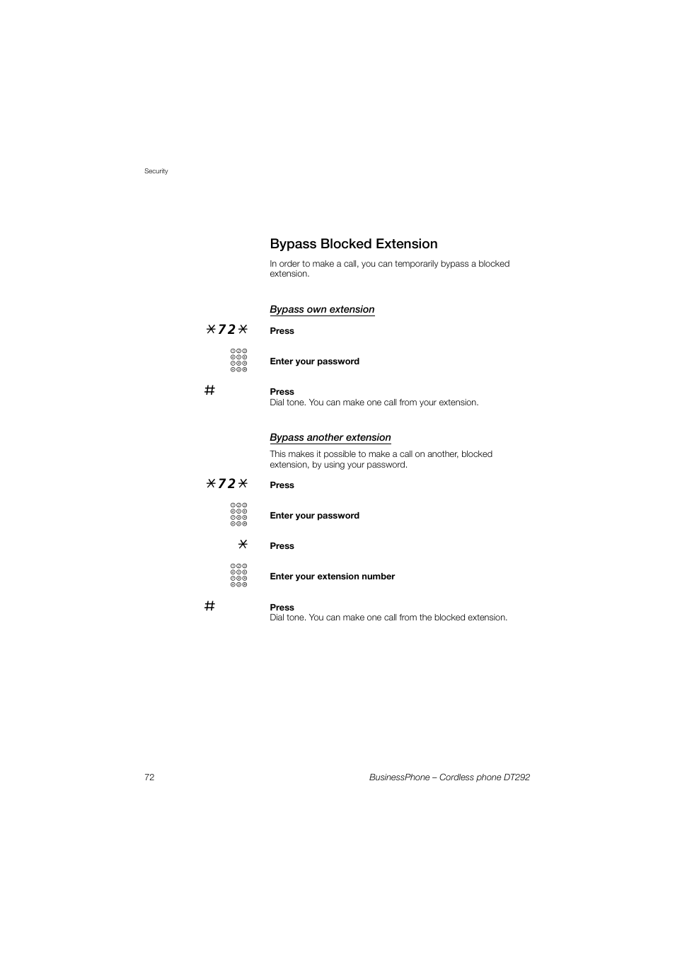 Bypass blocked extension, Bypass own extension, Bypass another extension | AASTRA DT292 for BusinessPhone User Guide EN User Manual | Page 72 / 121