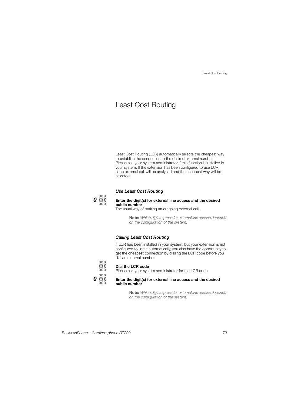 Least cost routing, Use least cost routing, Calling least cost routing | AASTRA DT292 for BusinessPhone User Guide EN User Manual | Page 73 / 121