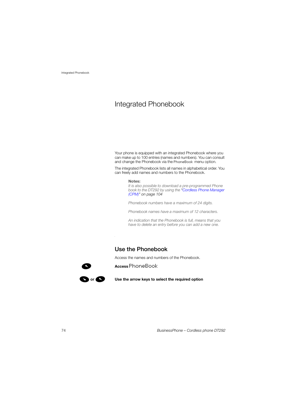 Integrated phonebook, Use the phonebook, Section | AASTRA DT292 for BusinessPhone User Guide EN User Manual | Page 74 / 121
