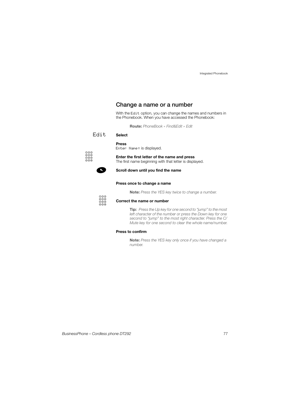 Change a name or a number | AASTRA DT292 for BusinessPhone User Guide EN User Manual | Page 77 / 121