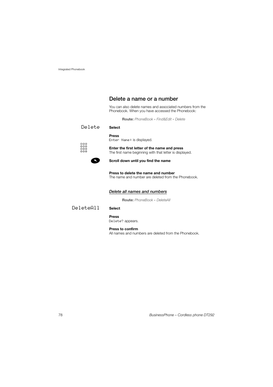 Delete a name or a number, Delete all names and numbers | AASTRA DT292 for BusinessPhone User Guide EN User Manual | Page 78 / 121