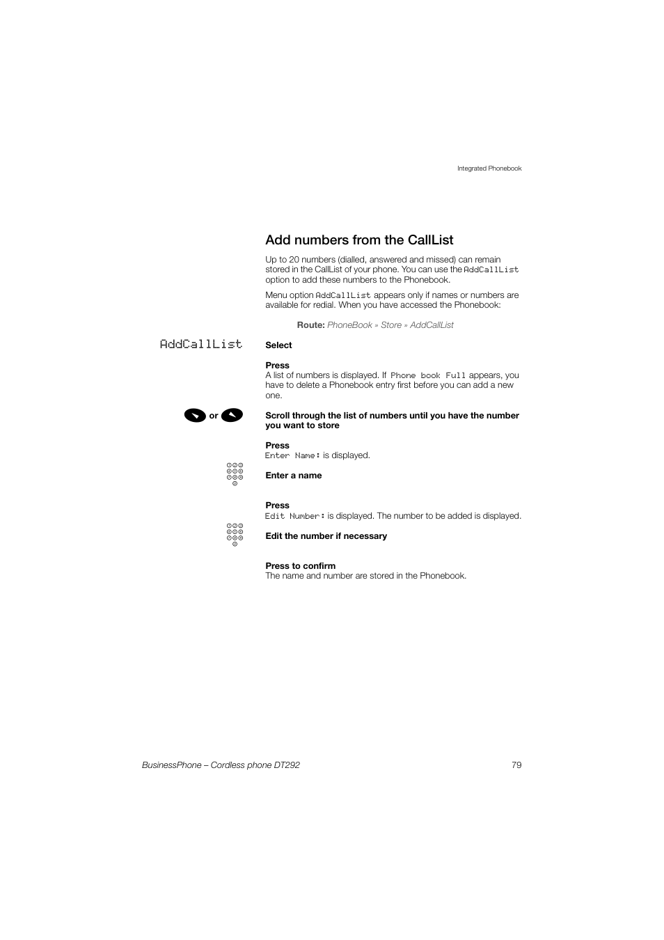 Add numbers from the calllist, Add numbers from the, Calllist | AASTRA DT292 for BusinessPhone User Guide EN User Manual | Page 79 / 121