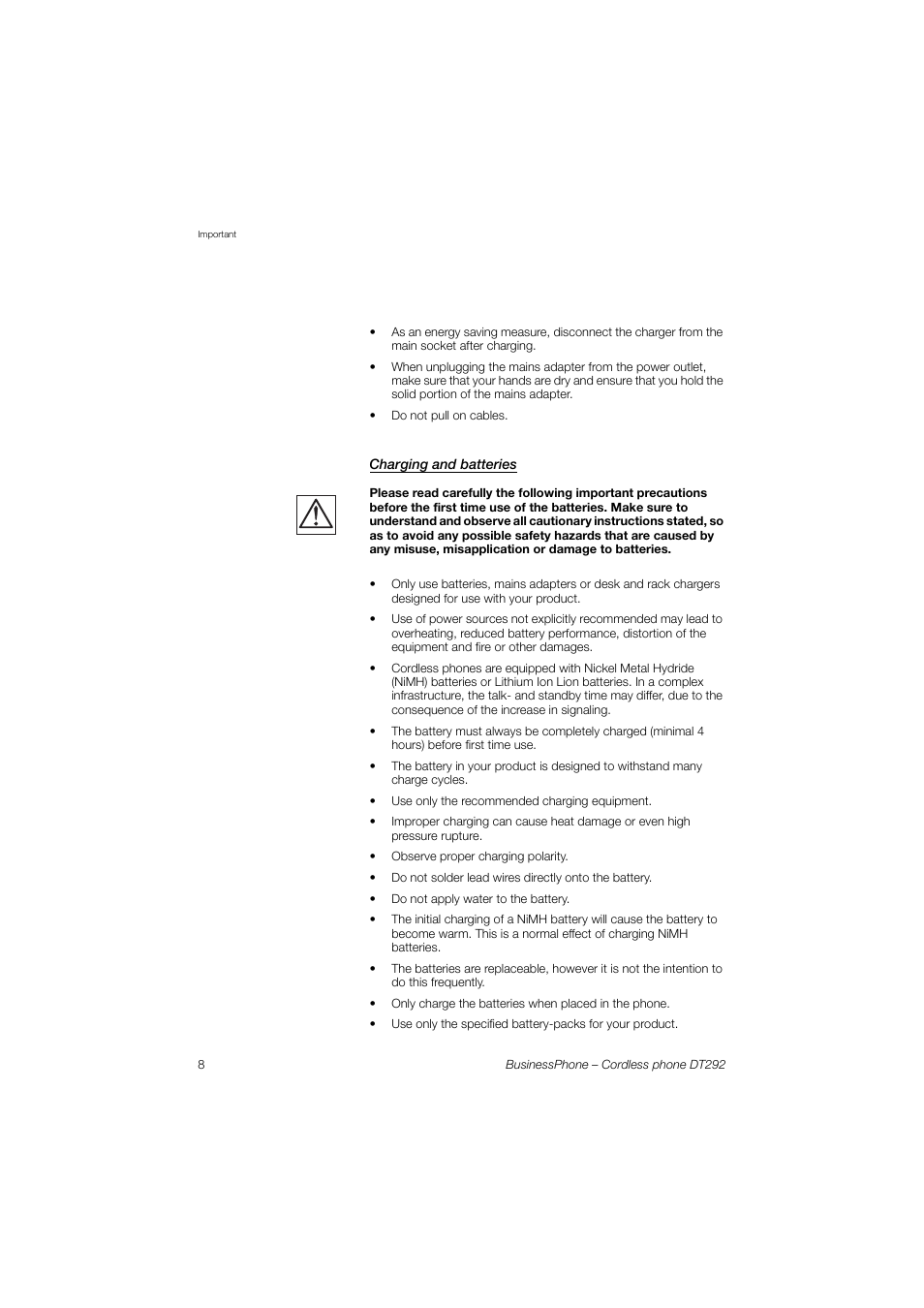 Charging and batteries | AASTRA DT292 for BusinessPhone User Guide EN User Manual | Page 8 / 121