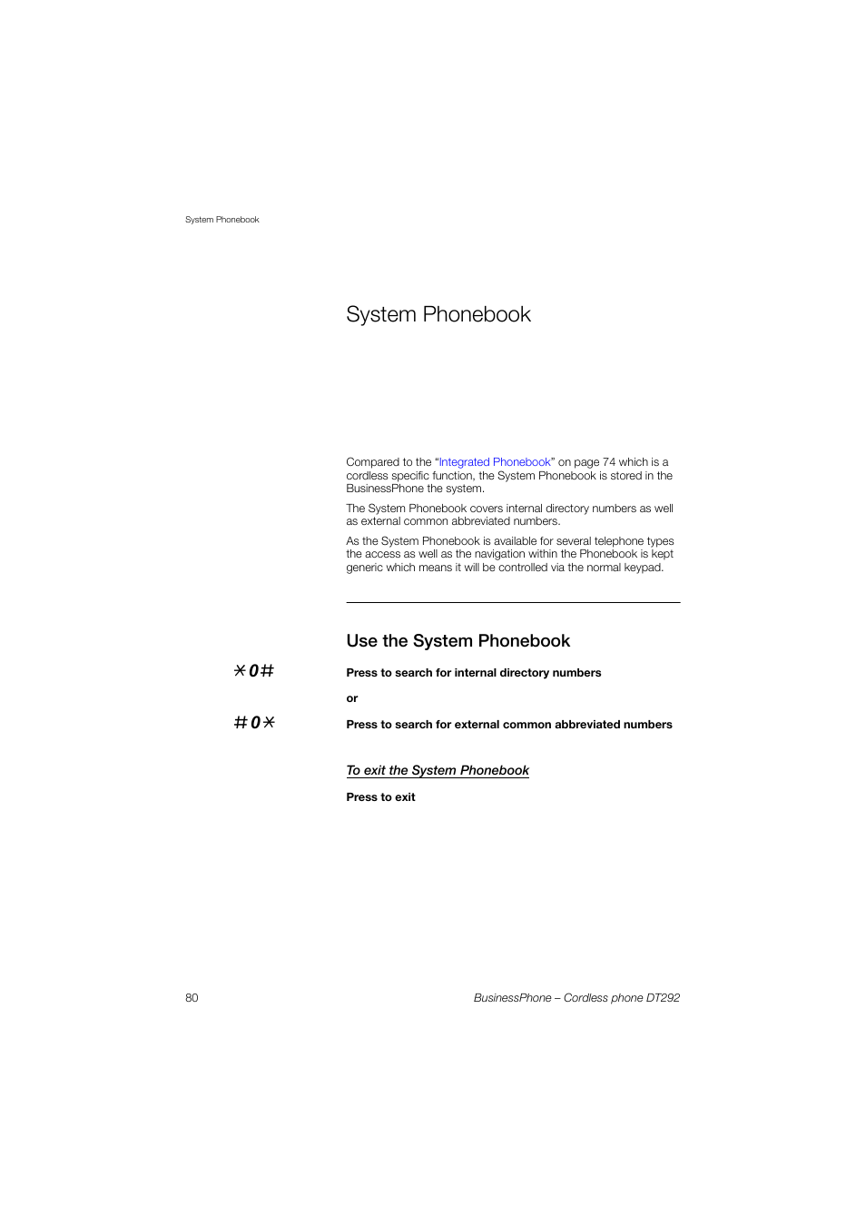 System phonebook, Use the system phonebook, To exit the system phonebook | AASTRA DT292 for BusinessPhone User Guide EN User Manual | Page 80 / 121