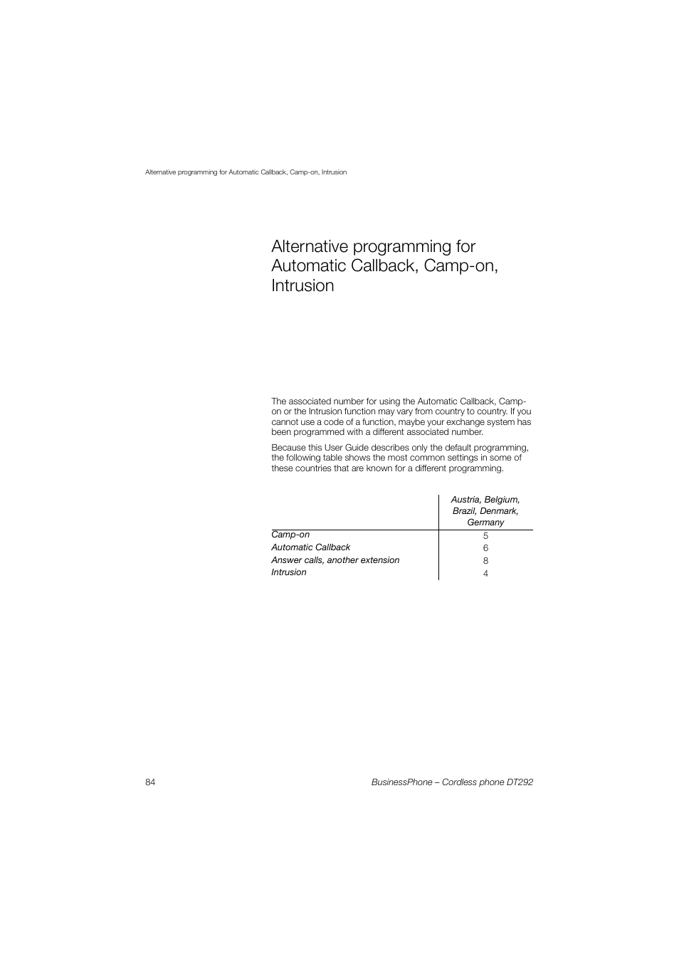 Alternative programming for, Automatic callback, camp-on, intrusion, Alternative programming for automatic | Callback, camp-on, intrusion, Alternative programming for automatic callback, Camp-on, intrusion | AASTRA DT292 for BusinessPhone User Guide EN User Manual | Page 84 / 121
