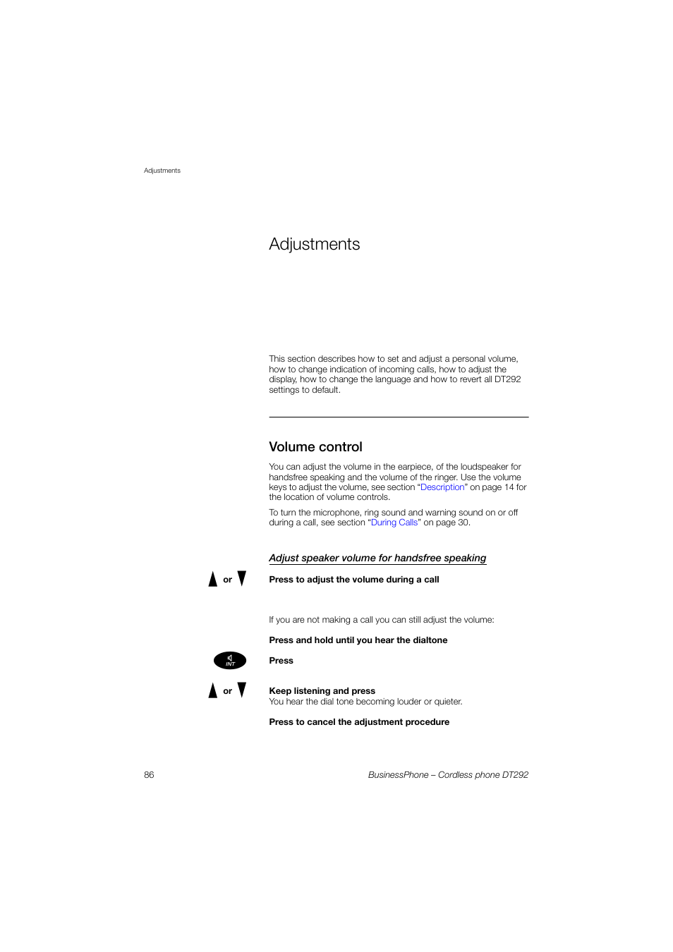 Adjustments, Volume control, Adjust speaker volume for handsfree speaking | Section | AASTRA DT292 for BusinessPhone User Guide EN User Manual | Page 86 / 121