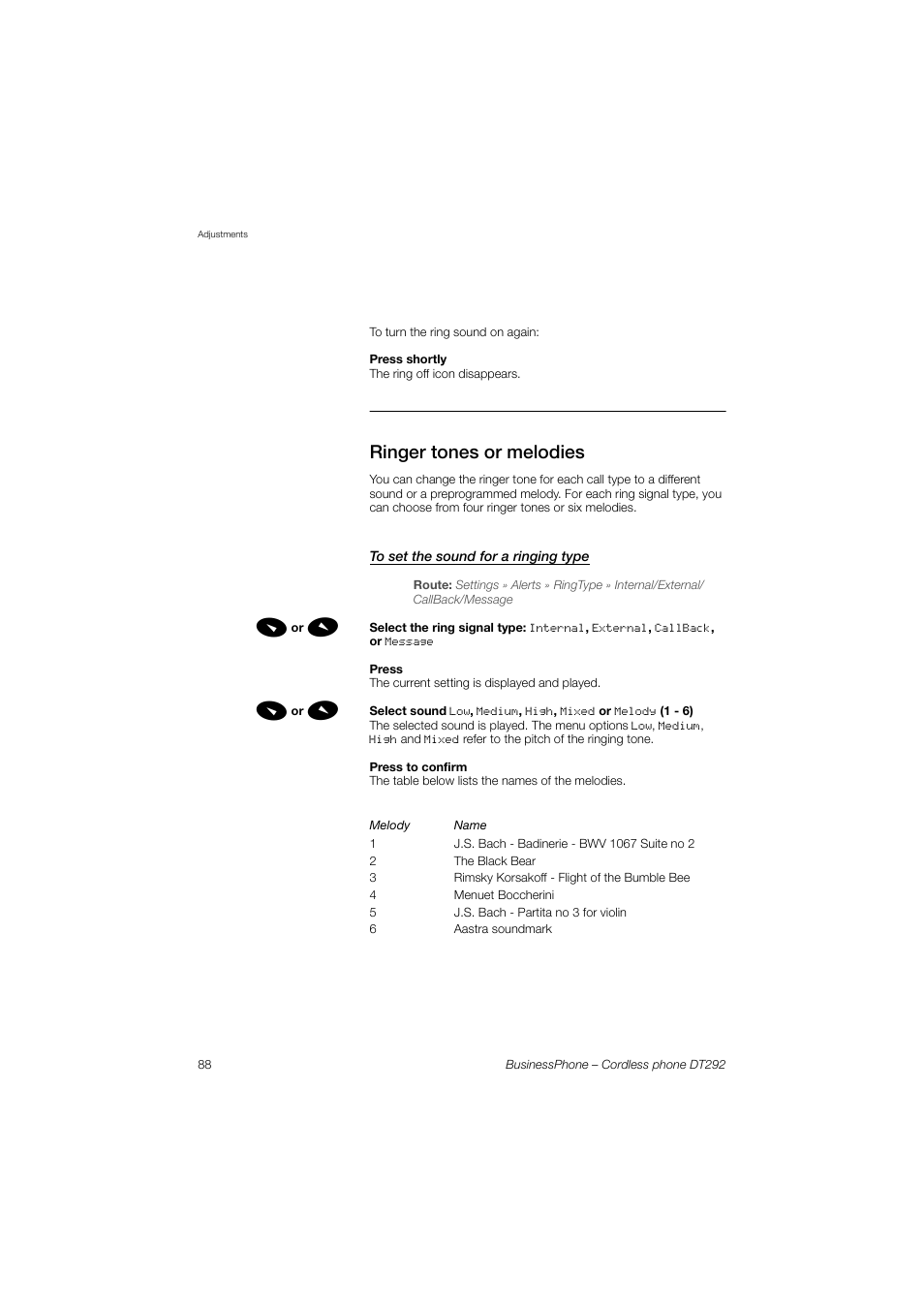 Ringer tones or melodies, To set the sound for a ringing type | AASTRA DT292 for BusinessPhone User Guide EN User Manual | Page 88 / 121