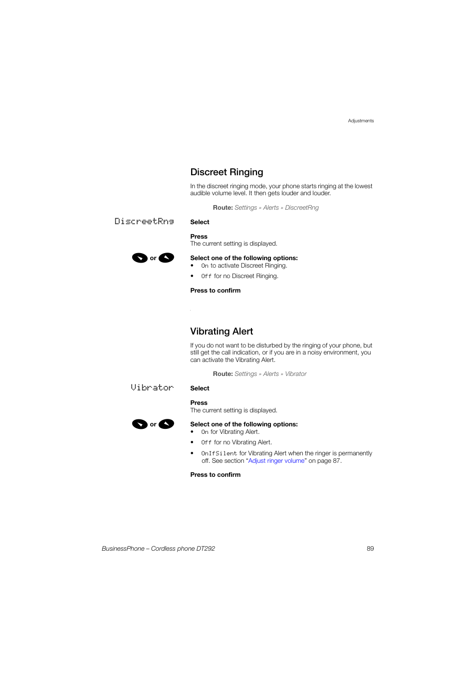 Discreet ringing, Vibrating alert, Ection | AASTRA DT292 for BusinessPhone User Guide EN User Manual | Page 89 / 121