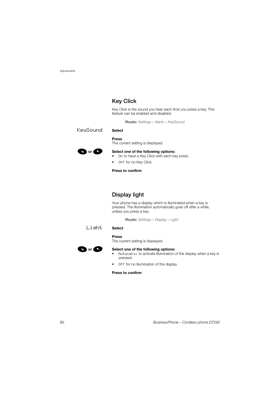 Key click, Display light | AASTRA DT292 for BusinessPhone User Guide EN User Manual | Page 90 / 121