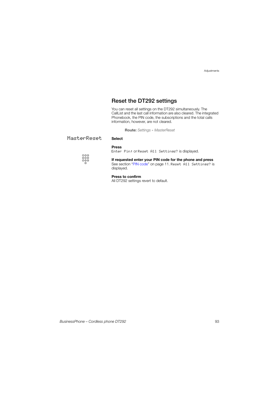 Reset the dt292 settings | AASTRA DT292 for BusinessPhone User Guide EN User Manual | Page 93 / 121