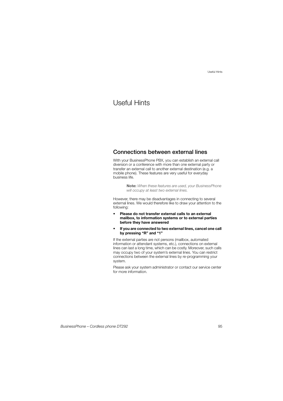 Useful hints, Connections between external lines | AASTRA DT292 for BusinessPhone User Guide EN User Manual | Page 95 / 121