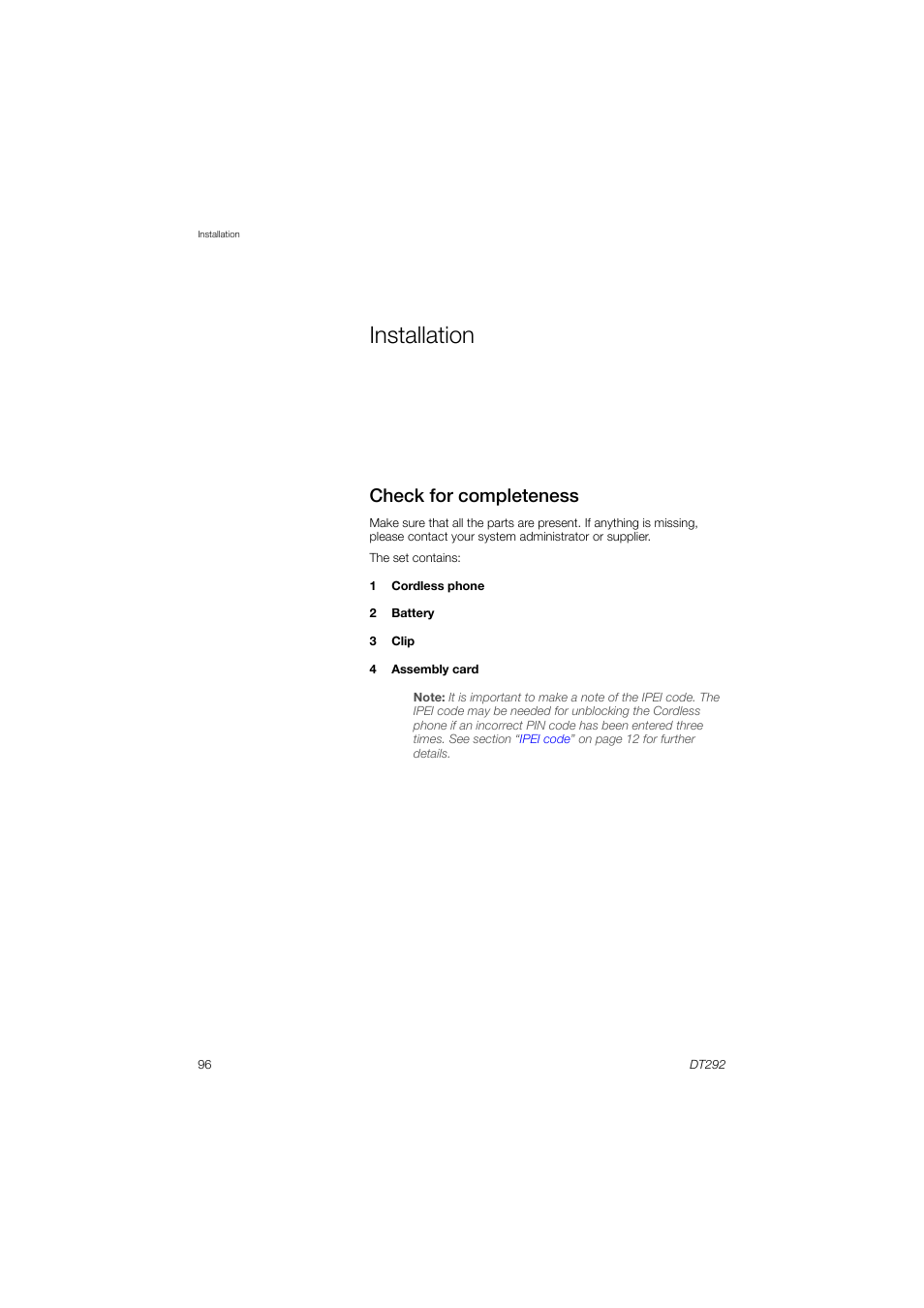 Installation, Check for completeness | AASTRA DT292 for BusinessPhone User Guide EN User Manual | Page 96 / 121