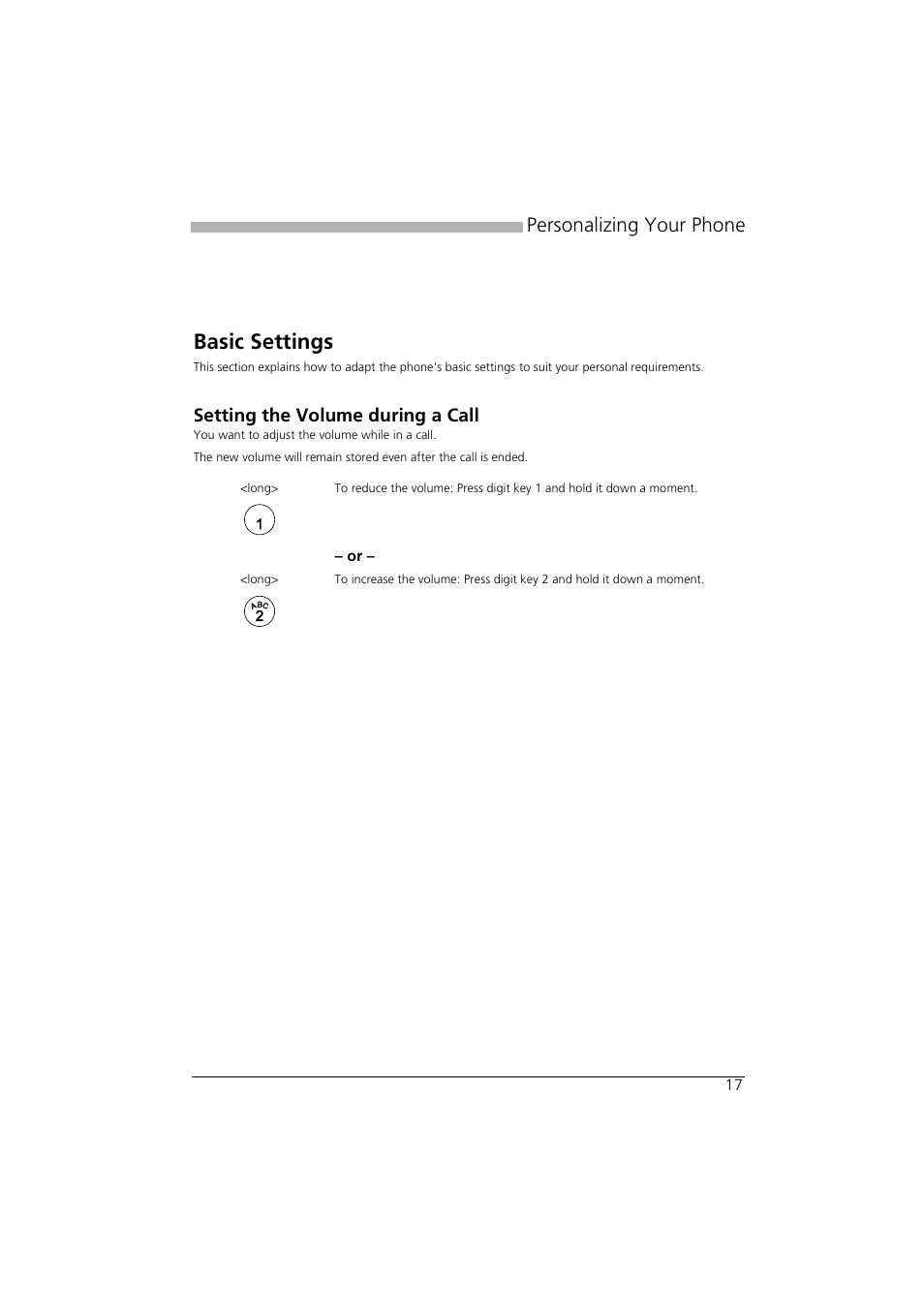 Personalizing your phone, Basic settings, Setting the volume during a call | AASTRA Office 10 User manual User Manual | Page 17 / 30