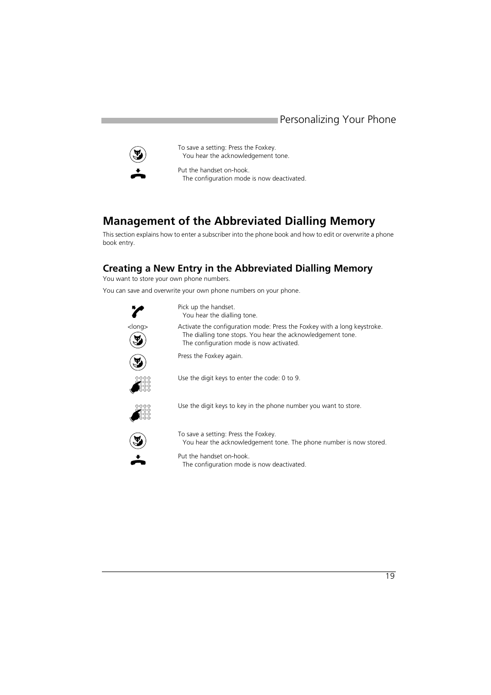 Management of the abbreviated dialling memory, Personalizing your phone | AASTRA Office 10 User manual User Manual | Page 19 / 30