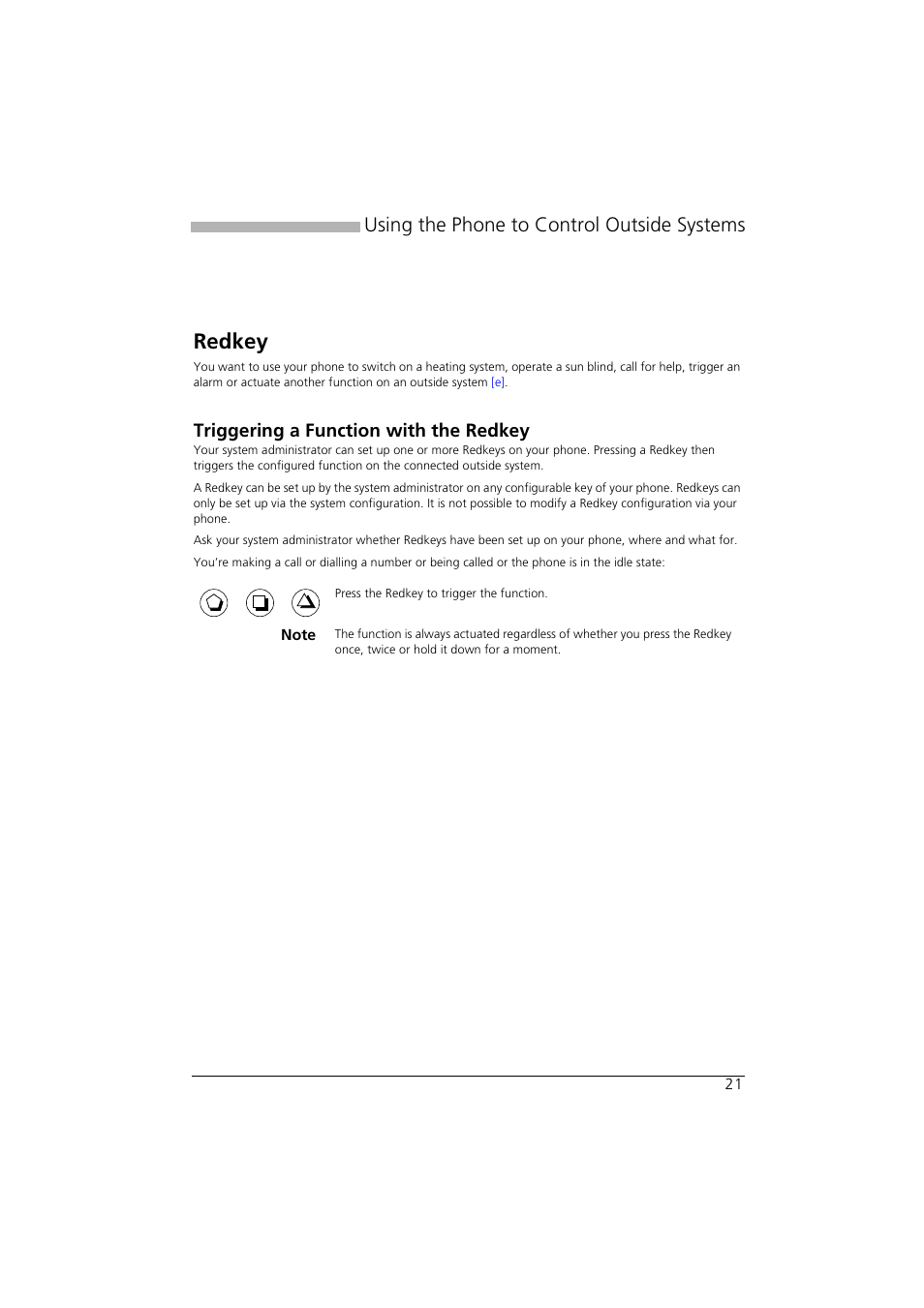 Using the phone to control outside systems, Redkey, Triggering a function with the redkey | AASTRA Office 10 User manual User Manual | Page 21 / 30