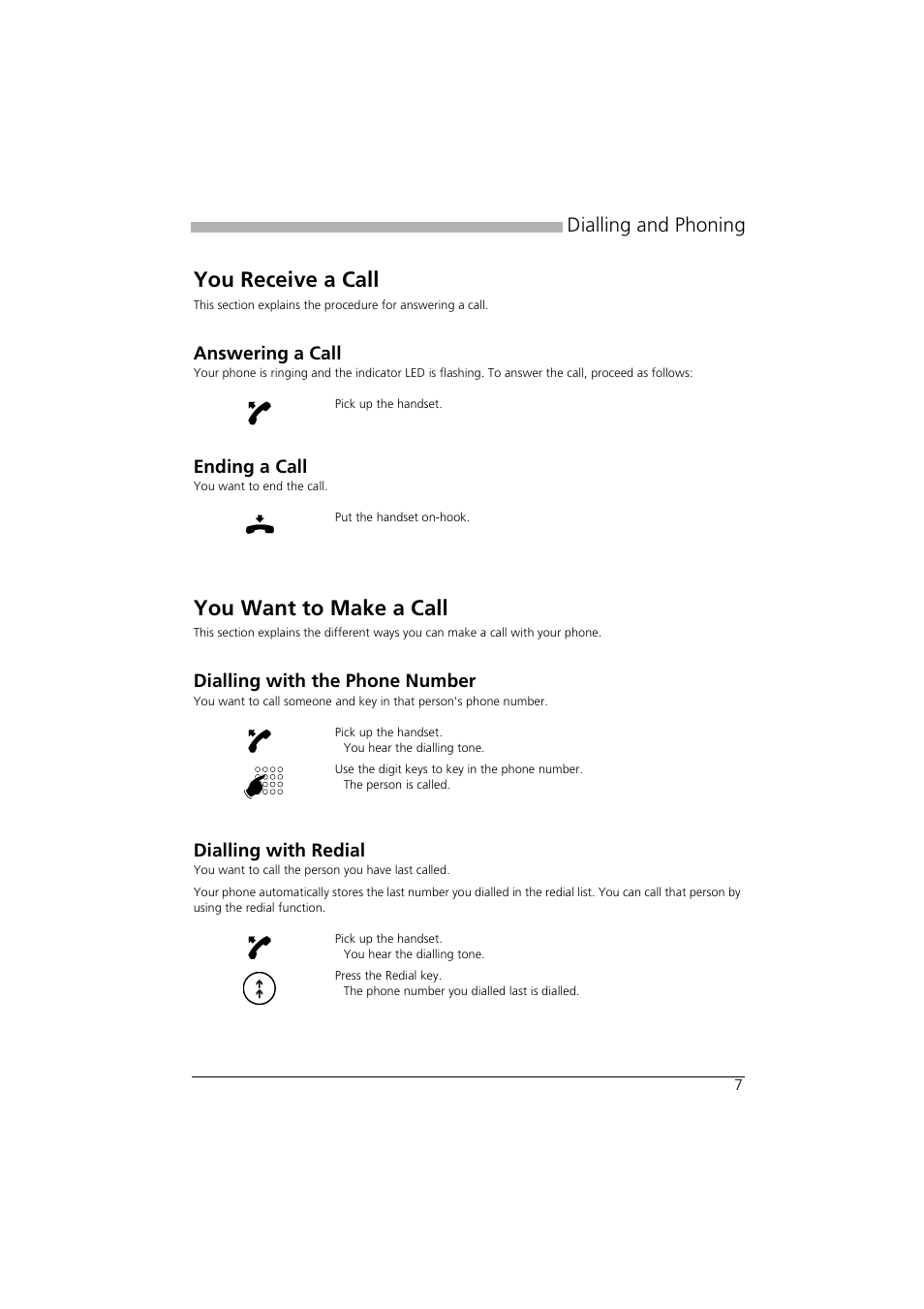Dialling and phoning, You receive a call, Answering a call | Ending a call, You want to make a call, Dialling with the phone number, Dialling with redial, You receive a call you want to make a call | AASTRA Office 10 User manual User Manual | Page 7 / 30