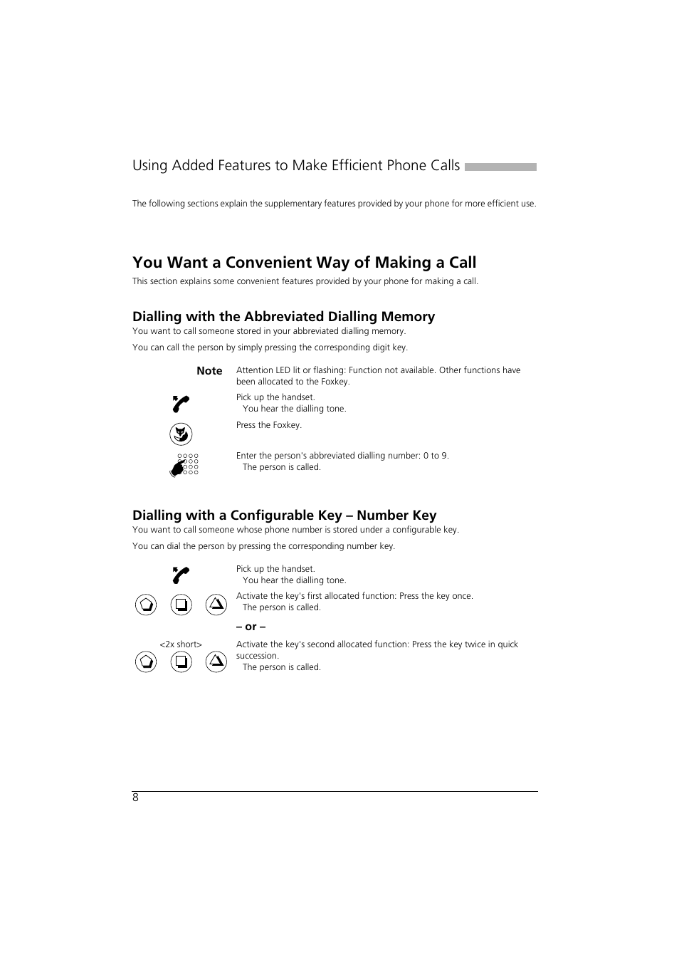 Using added features to make efficient phone calls, You want a convenient way of making a call, Dialling with the abbreviated dialling memory | Dialling with a configurable key – number key | AASTRA Office 10 User manual User Manual | Page 8 / 30
