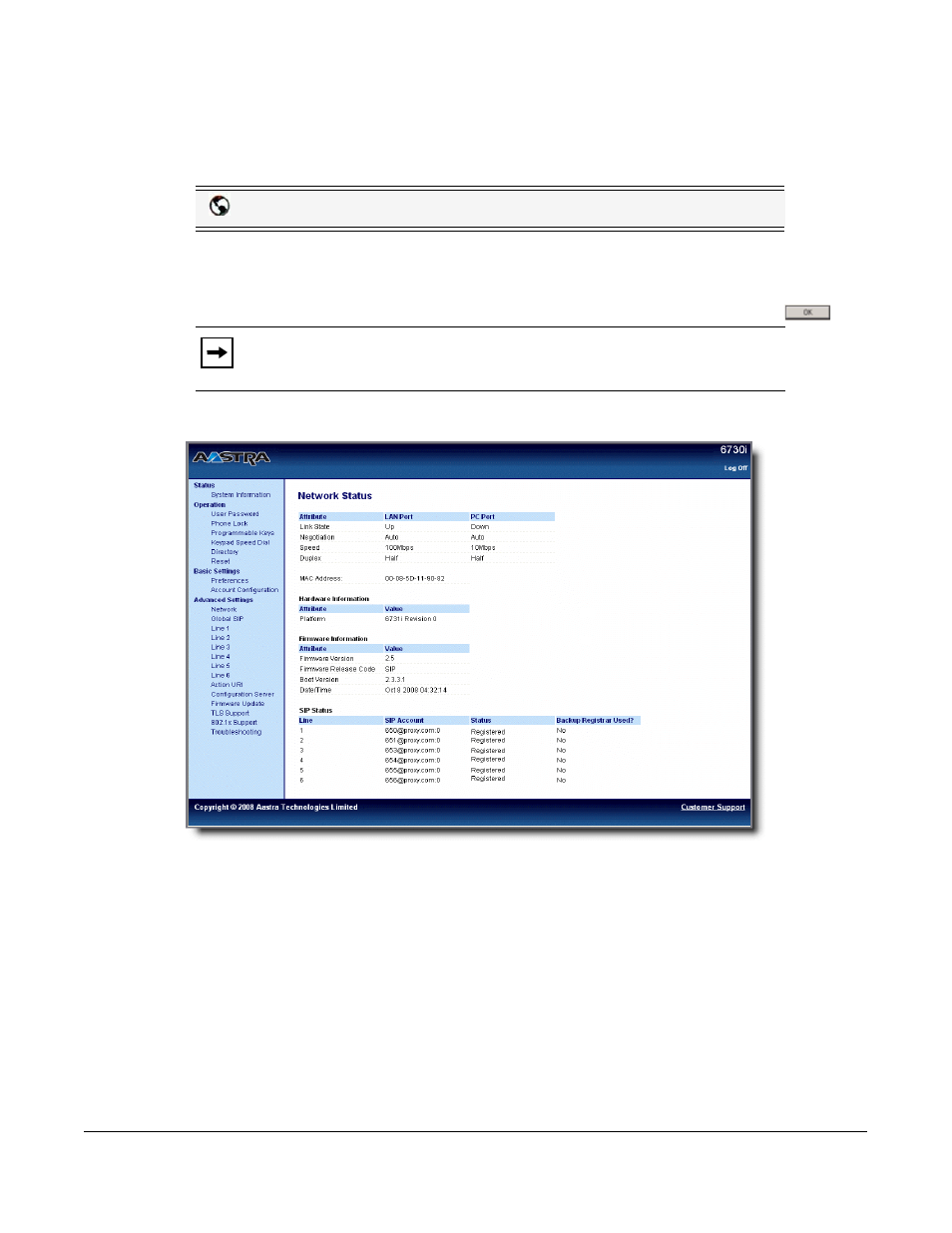 Phone status via the aastra web ui, Phone status | AASTRA 6730i (Version 2.5 Symbol Keypad) User Guide EN User Manual | Page 29 / 214