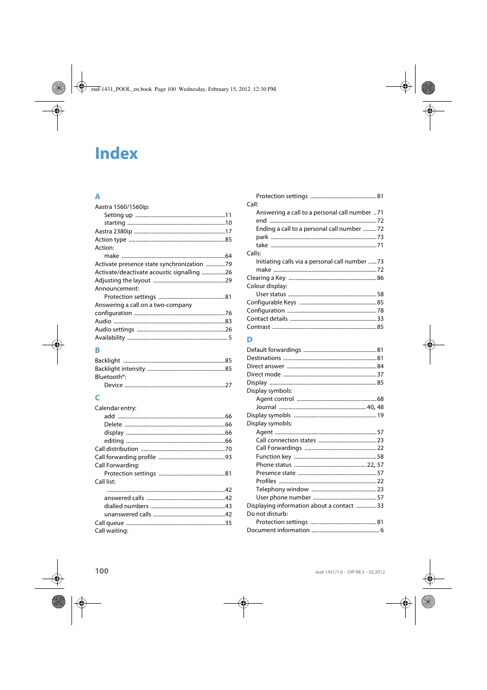 Index | AASTRA 1560_1560ip User Guide User Manual | Page 100 / 104