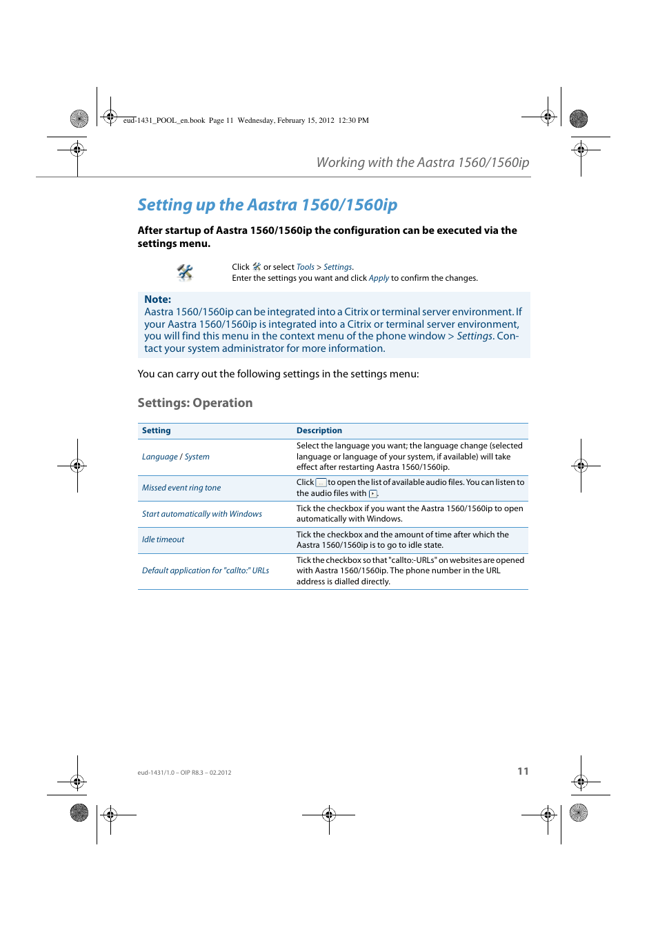Setting up the aastra 1560/1560ip, Settings: operation | AASTRA 1560_1560ip User Guide User Manual | Page 11 / 104