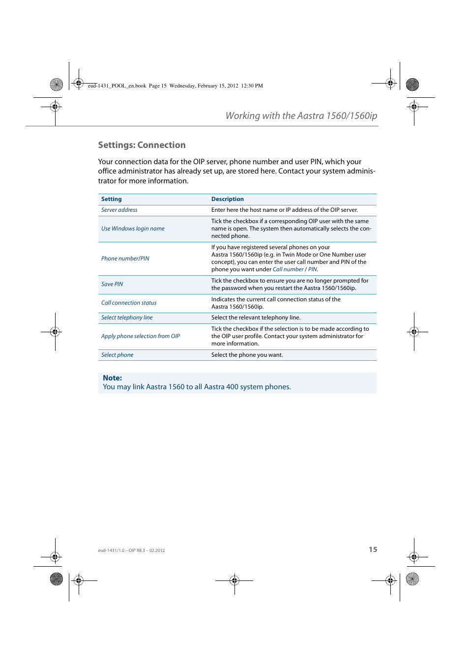 Settings: connection | AASTRA 1560_1560ip User Guide User Manual | Page 15 / 104