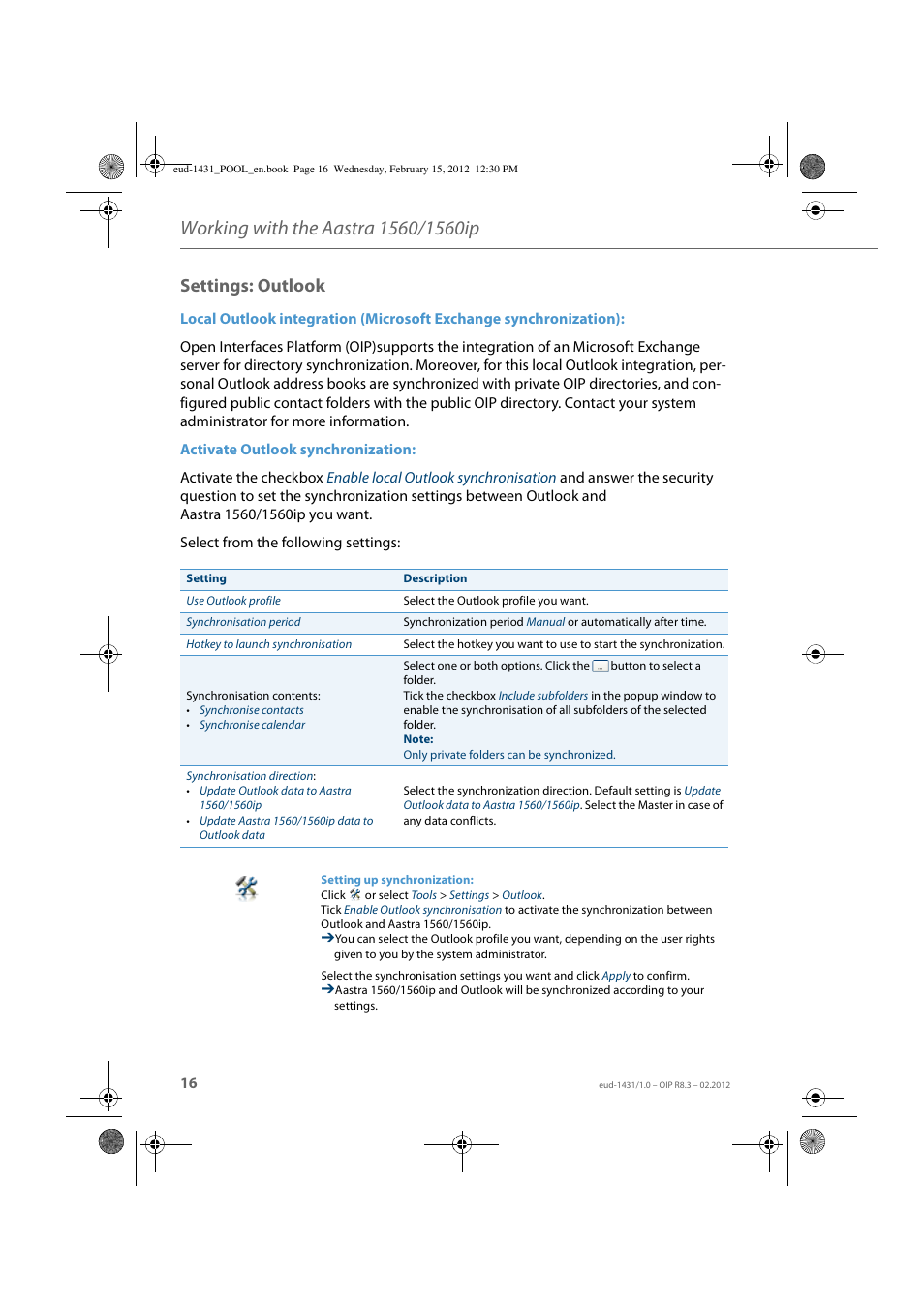 Settings: outlook | AASTRA 1560_1560ip User Guide User Manual | Page 16 / 104