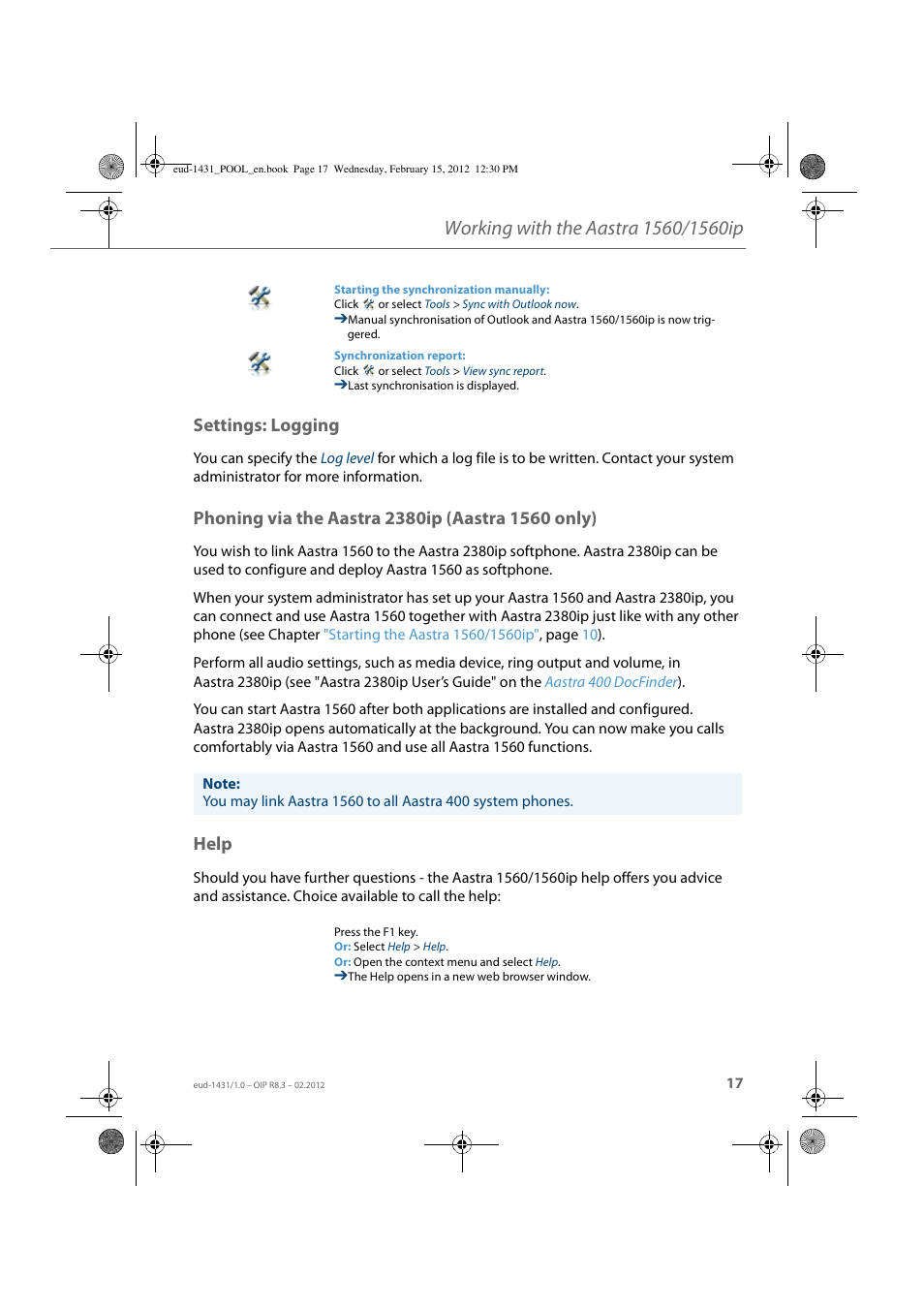 Settings: logging, Phoning via the aastra 2380ip (aastra 1560 only), Help | AASTRA 1560_1560ip User Guide User Manual | Page 17 / 104
