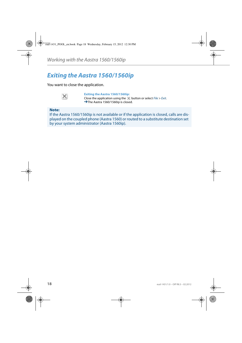 Exiting the aastra 1560/1560ip | AASTRA 1560_1560ip User Guide User Manual | Page 18 / 104