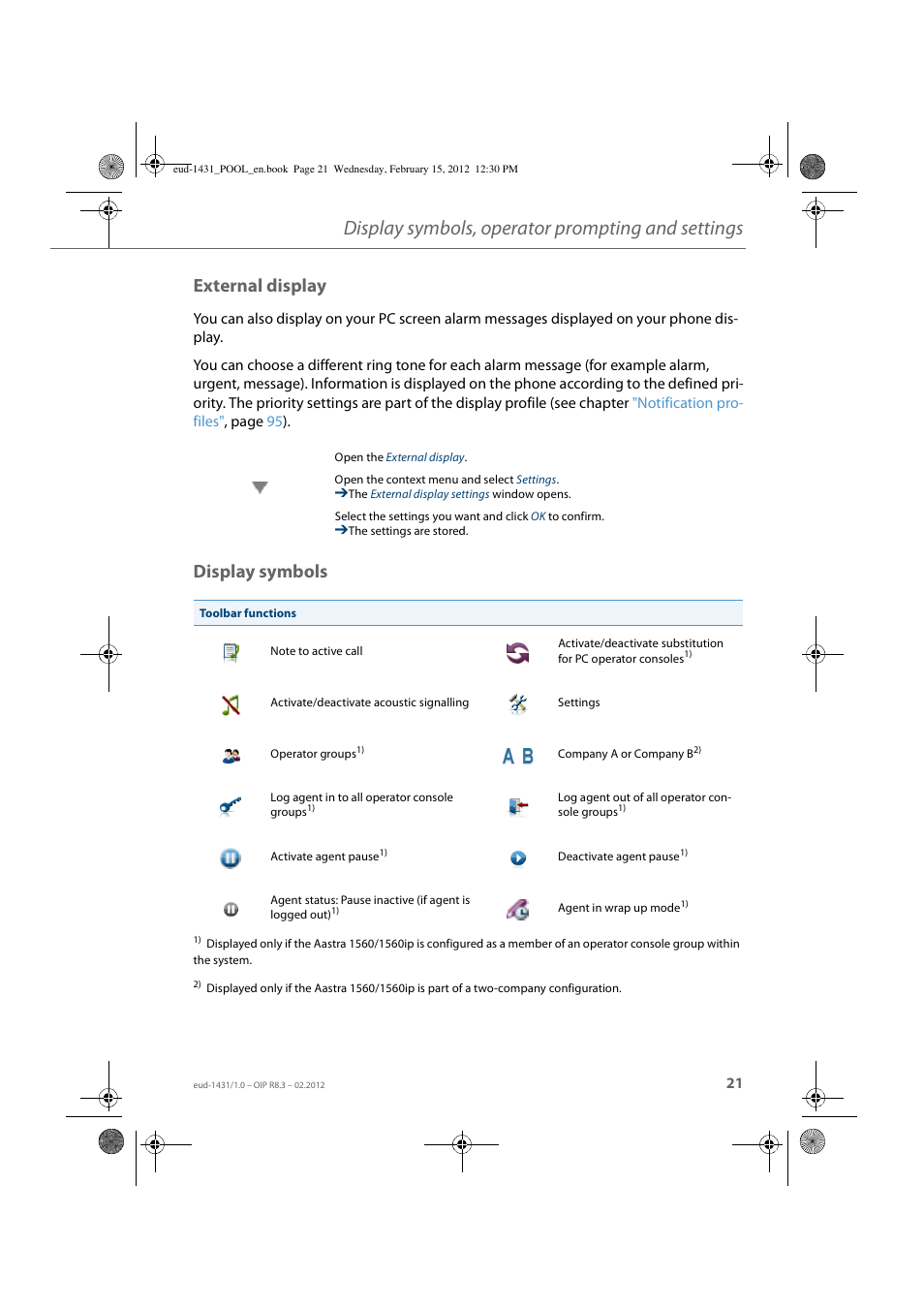 External display, Display symbols, Display symbols, operator prompting and settings | AASTRA 1560_1560ip User Guide User Manual | Page 21 / 104