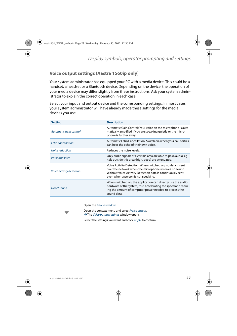 Voice output settings (aastra 1560ip only), Display symbols, operator prompting and settings | AASTRA 1560_1560ip User Guide User Manual | Page 27 / 104