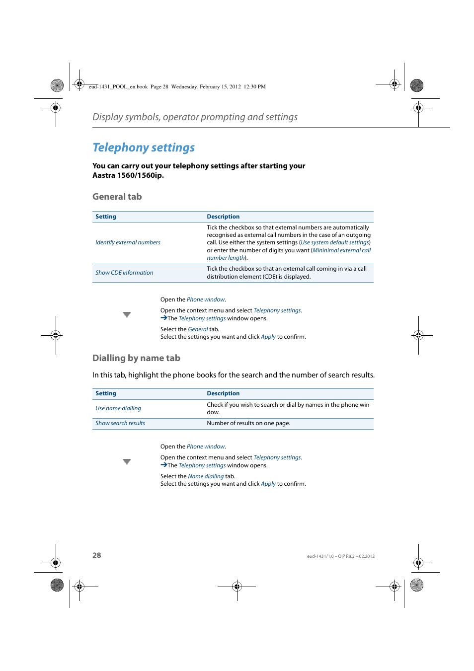 Telephony settings, General tab, Dialling by name tab | Display symbols, operator prompting and settings, General tab dialling by name tab | AASTRA 1560_1560ip User Guide User Manual | Page 28 / 104